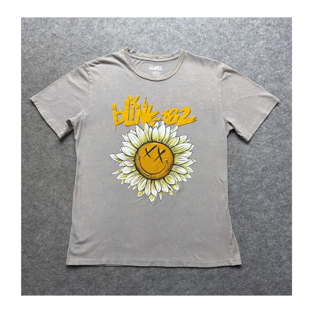 Blink-182 Sunflower Smiley Face Graphic T-Shirt Gray Mineral Wash Large 2023